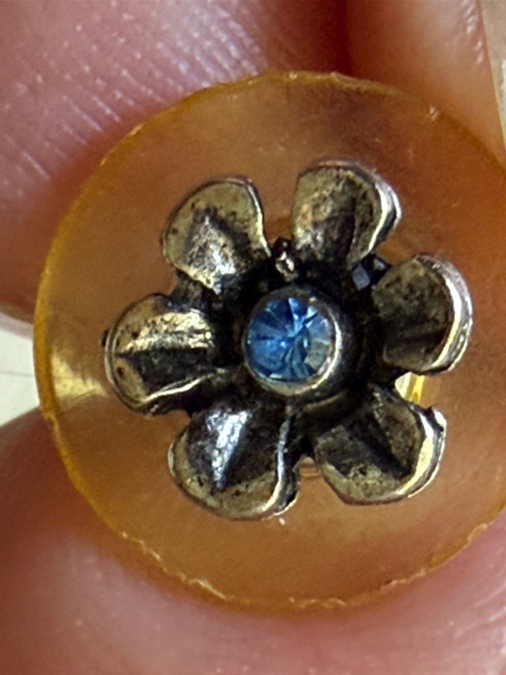 Single Silver toned Flower Stud Earring with faceted blue center stone